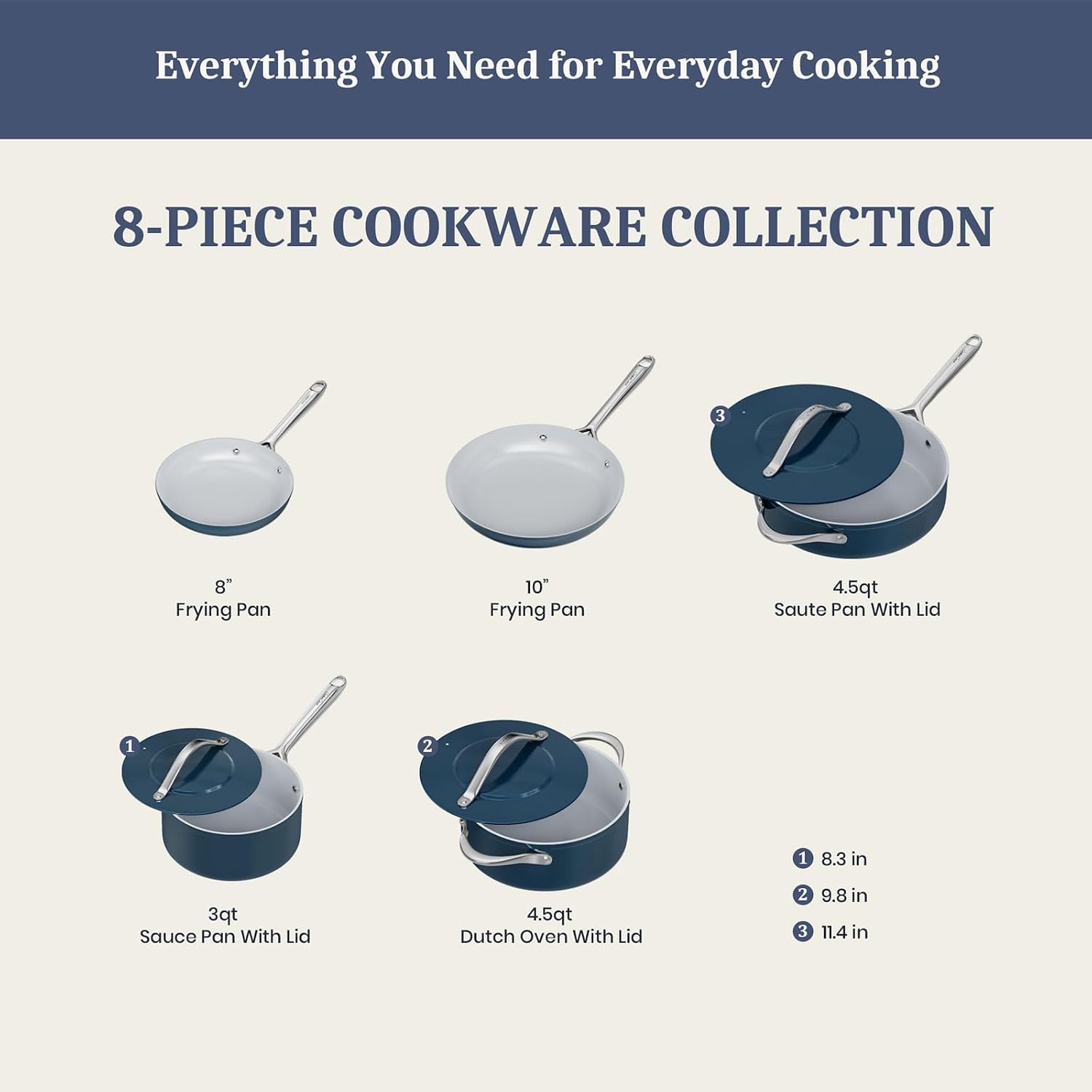 CookinCraze Ceramic Cookware Set 8 Pieces Nonstick Pots and Pans Set with Lid PFAS-Free Non Toxic Cookware, Induction Compatible, Oven Safe, Quick & Even Heat Distribution, Navy Blue