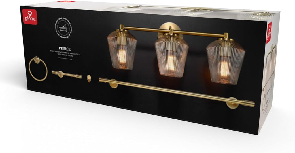 GLOBE Electric 63000063 5-Piece All-in-One Bathroom Set, Matte Brass Finish, 3-Light Vanity Light, Glass Shades, Towel Bar, Toilet Paper Holder, Towel Ring, Robe Hook, Bathroom Lights Over Mirror