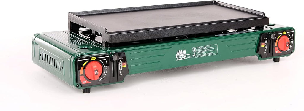 Mr. Outdoors Cookout Double Butane Stove with Carry Bag, 18 inch Aluminum Griddle, 10 piece Silicone Coated Utensil Set