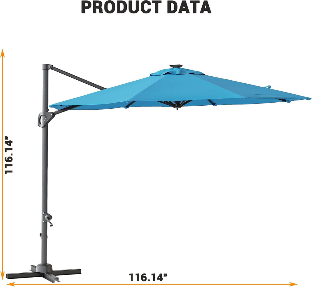 Takywep 10ft Cantilever Patio Umbrella, Outdoor Umbrella 360-degree Rotation, Solar-powered LED lights, Easy-Tilt Mechanism, for Decks, Poolside and Backyard Relaxation
