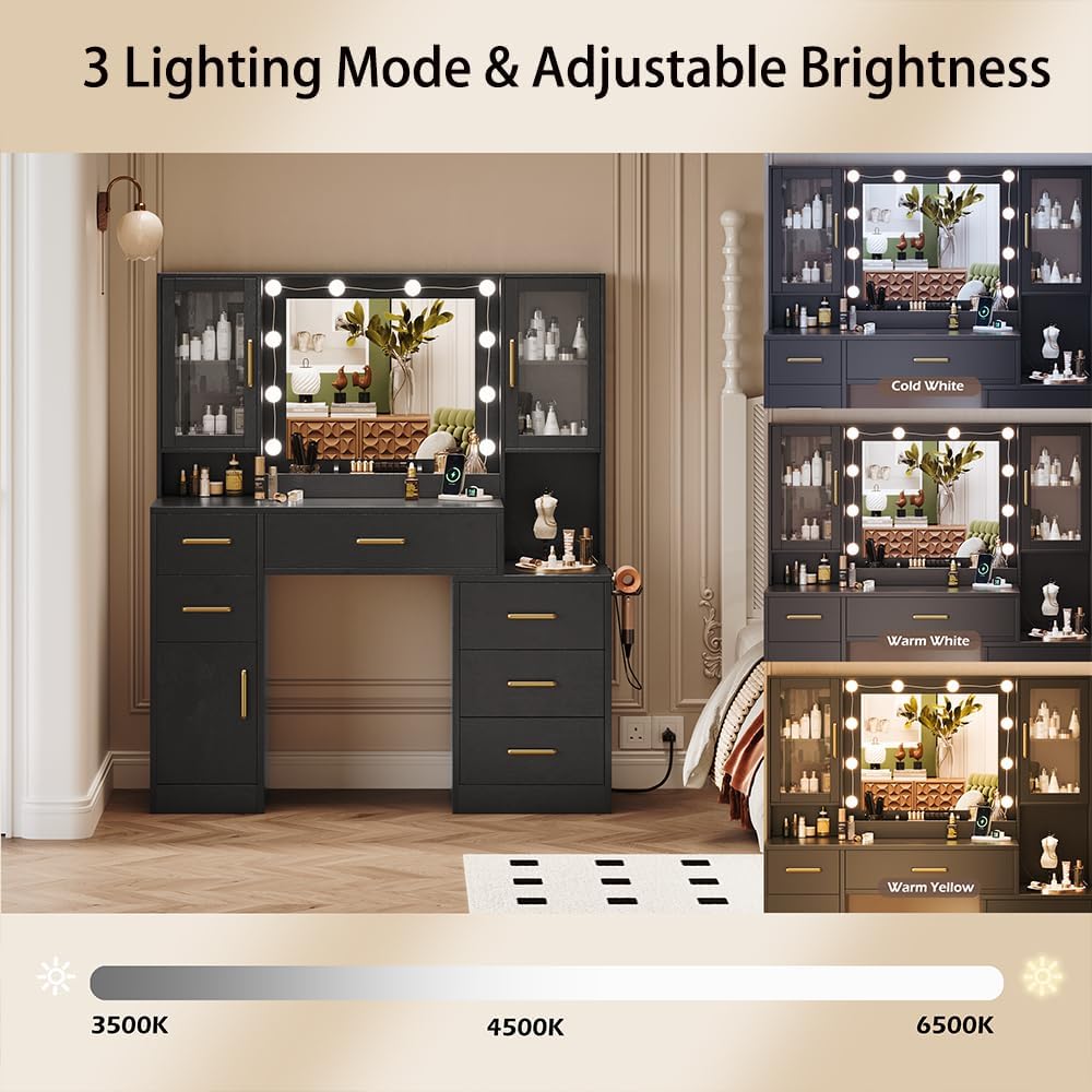 TOKSOM Makeup Vanity Desk with Mirror and Lights, 51' Makeup Vanity with Lights & Charging Station, Dressing Table Vanity Set for Bedroom, Vanity Table with 6 Drawers and 3 Cabinet Black