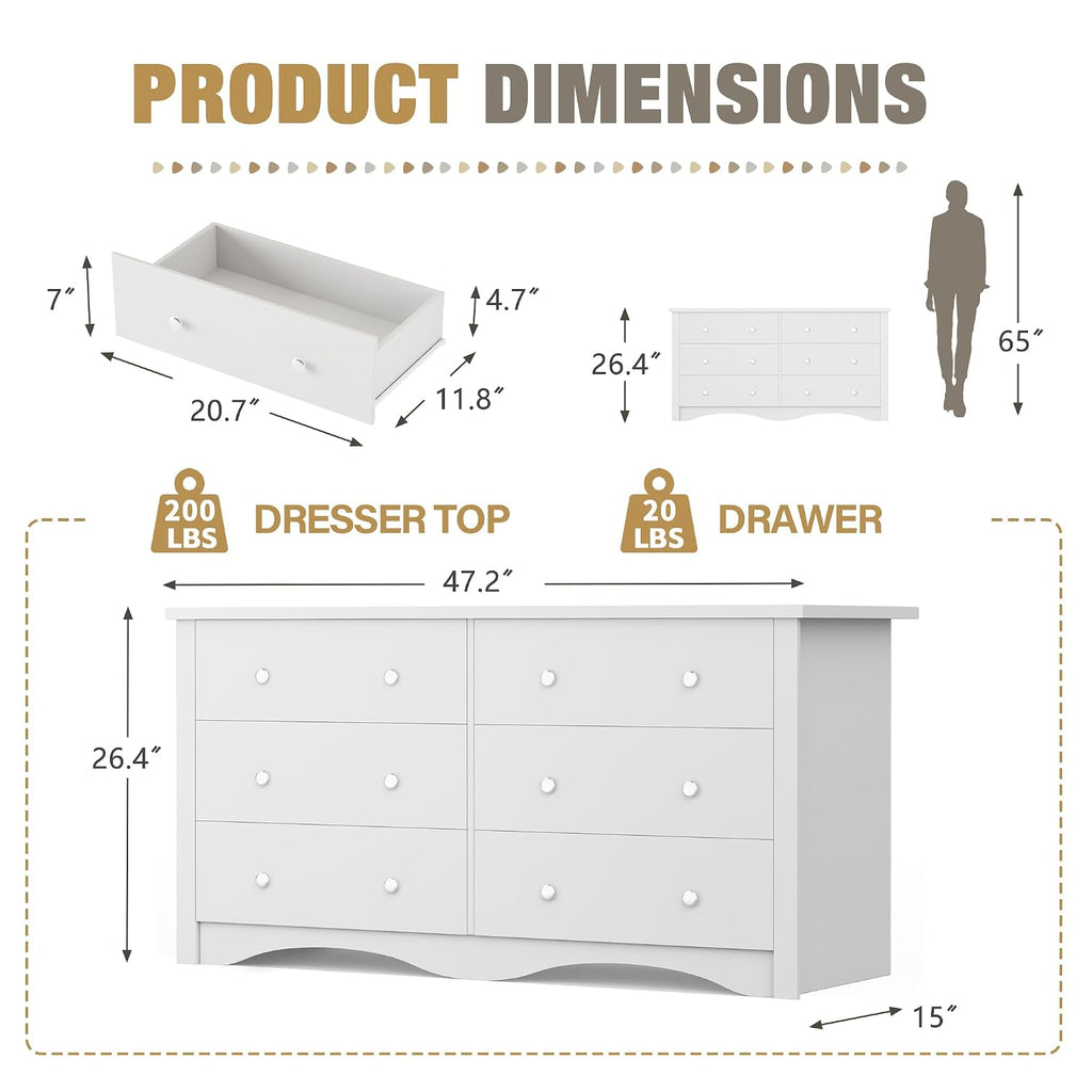 YESHOMY Dresser for Bedroom with 6 Drawers, 47.2' Modern Chest of Drawers, Wooden Dressers, TV Stand for Living Room,Closet, Hallway (White)