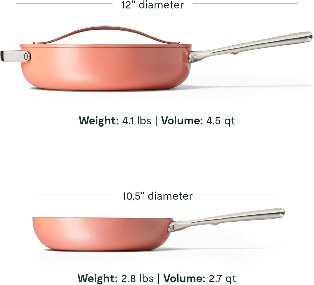 Caraway Fry Pan and Sauté Pan Duo - 10.5' Ceramic Frying Pan and 11.8' Deep Sauté Pan with Lid - Non Stick, Non Toxic, Oven Safe - Perracotta