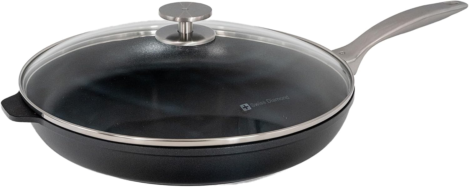 Swiss Diamond Nonstick Frying Pan Hybrid Ceramic and Diamond-Infused Fry Pan With Glass Lid, Dishwasher and Oven Safe Fry Pans (12.5 IN)