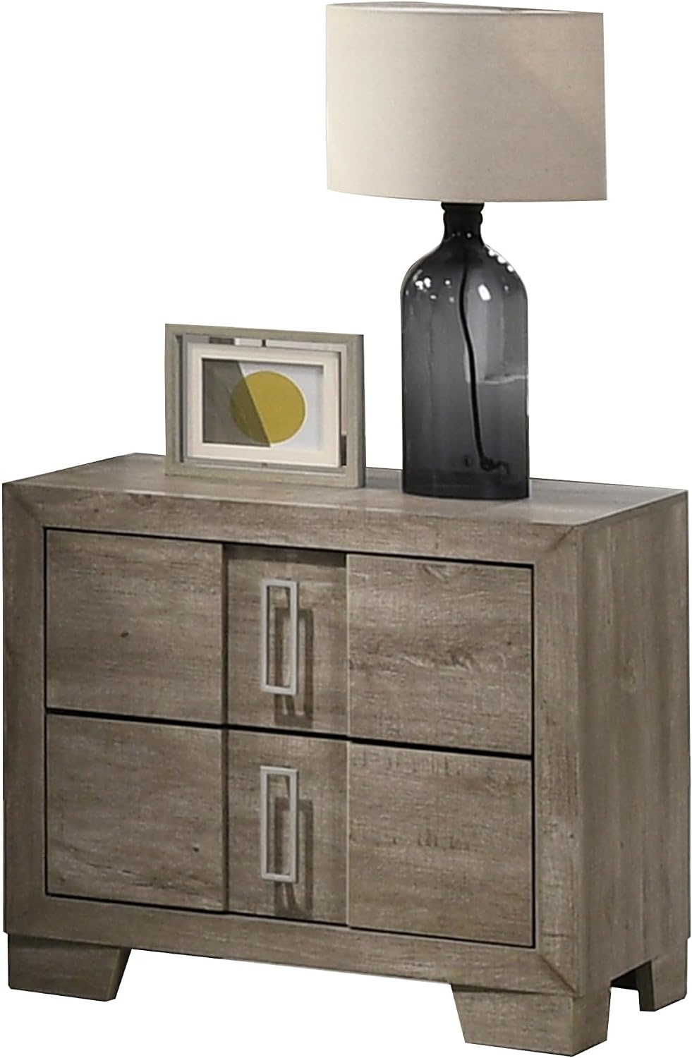 Kings Brand Furniture Dawson Modern 6-Piece Queen Size Farmhouse Style Bedroom Set in Light Brown Finish - Bed with LED Lights, Dresser, Mirror, Chest & 2 Nightstands