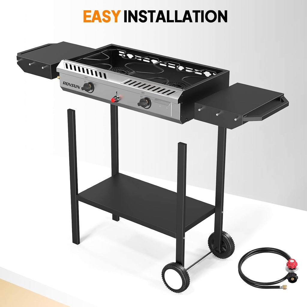ROVSUN 2 Burner Propane Stove with Auto Ignition, 150,000 BTU Gas Stove with Side Shelves, Rolling Wheels & Regulator for Home Outdoor Backyard Camping Cooking Frying Brewing Canning