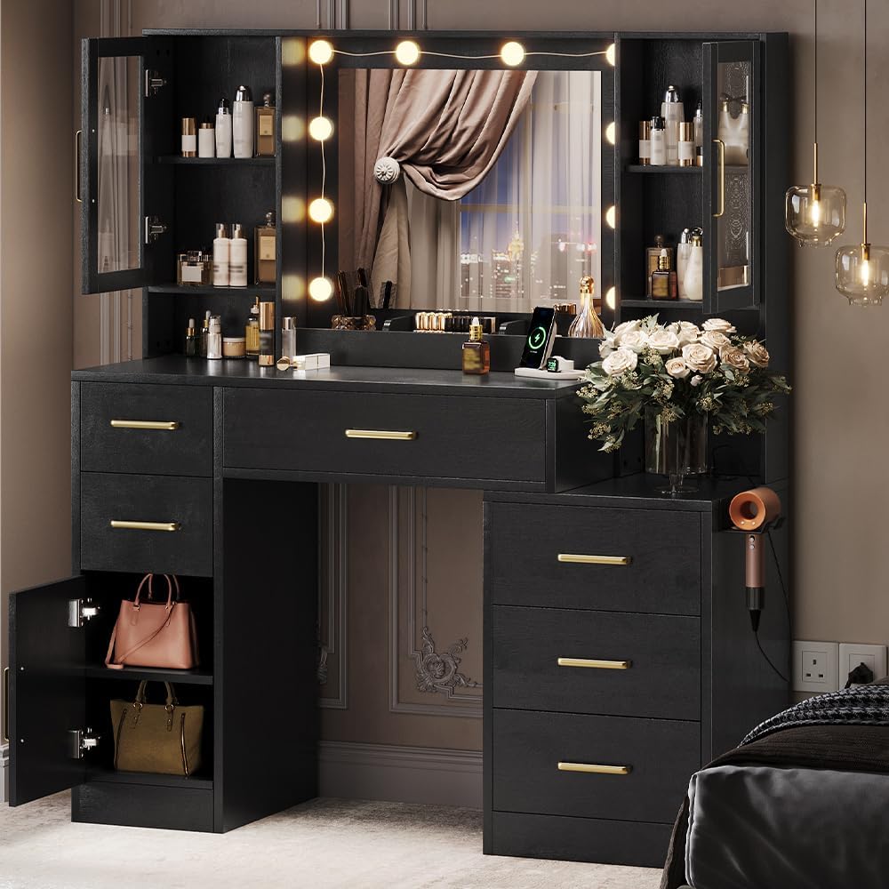 TOKSOM Makeup Vanity Desk with Mirror and Lights, 51' Makeup Vanity with Lights & Charging Station, Dressing Table Vanity Set for Bedroom, Vanity Table with 6 Drawers and 3 Cabinet Black