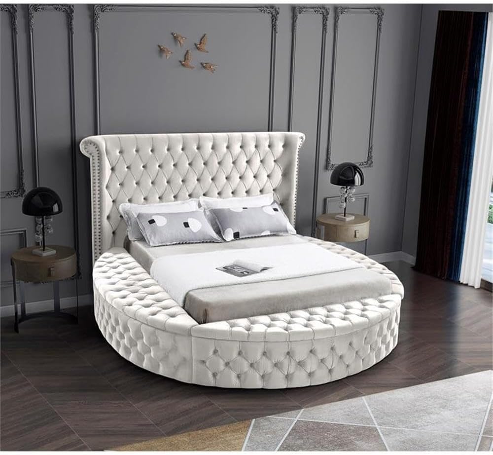 Meridian Furniture Luxus Collection Modern | Contemporary Round Shaped Velvet Upholstered Bed with Deep Button Tufting and Footboard Storage, King, Cream