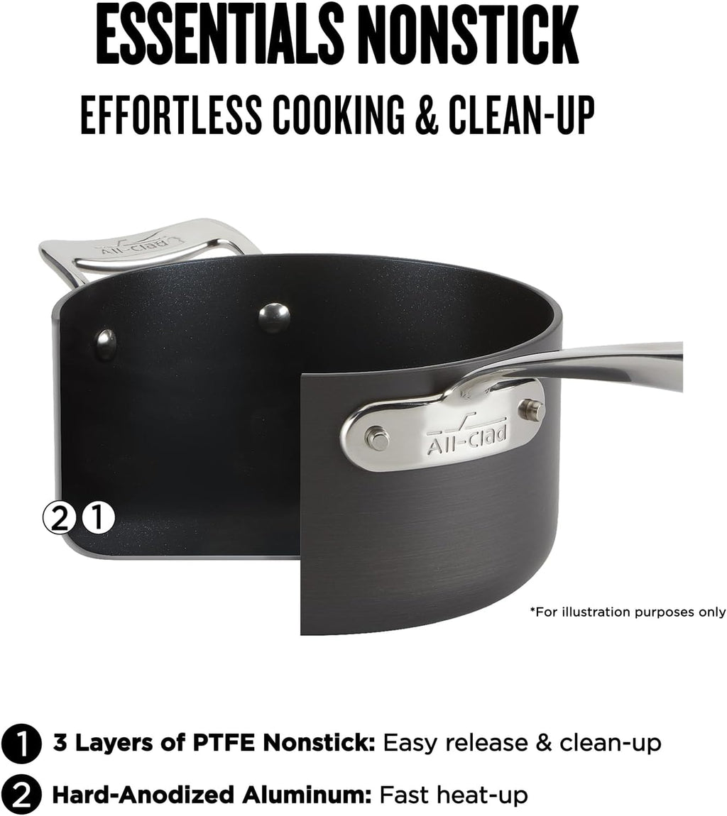 All-Clad Essentials Hard Anodized Nonstick Cookware Set 10 Piece Oven Safe 350F Pots and Pans Black
