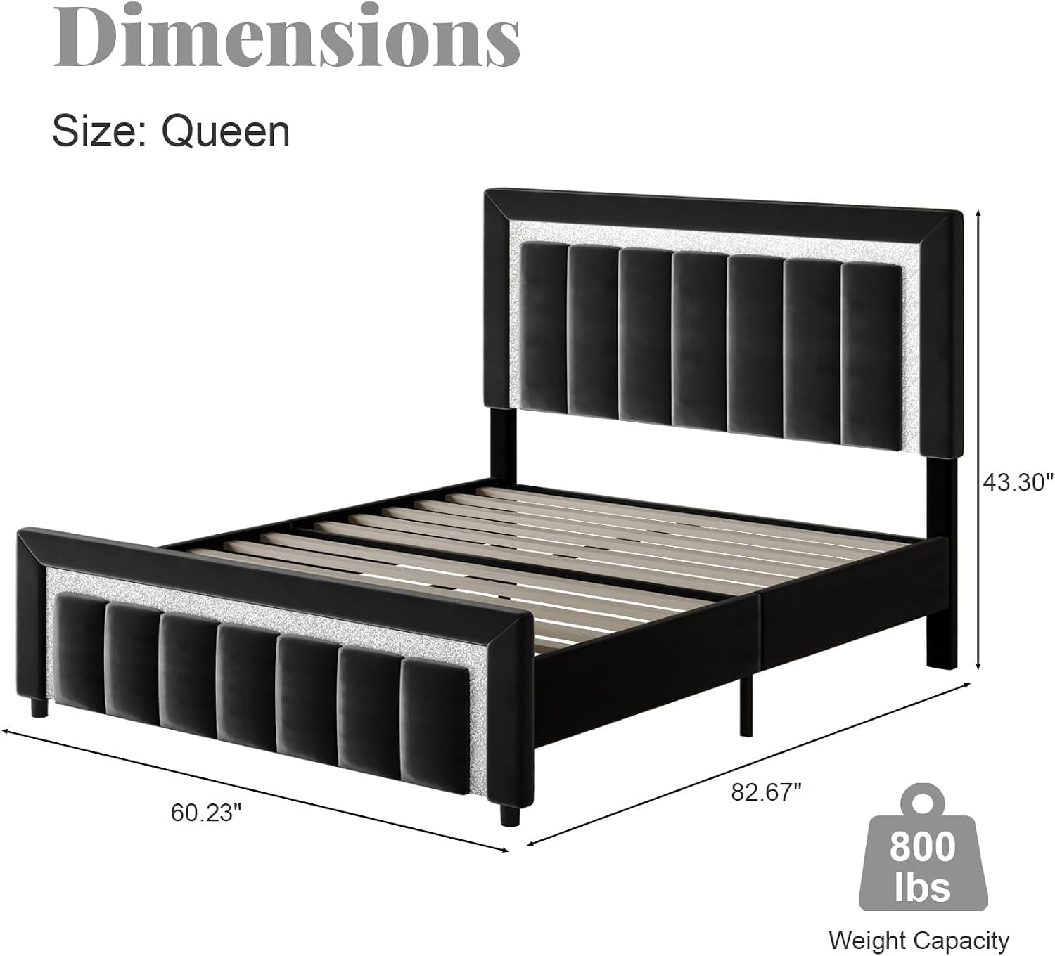 HOMBCK Queen Bed Frame with Headboard, Velvet Upholstered Platform Bed Frame Queen Size with Diamond Headboard & Footboard, Wooden Slats Support, No Box Spring Required, Easy Assembly, Black
