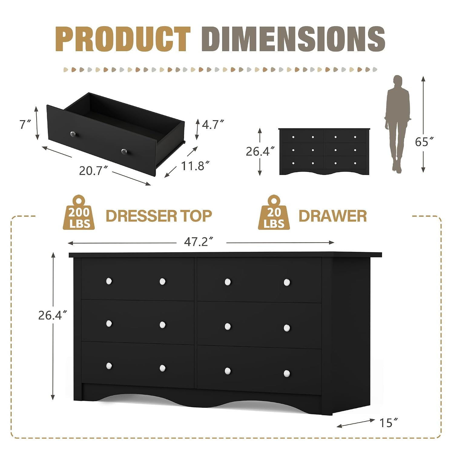 YESHOMY Dresser for Bedroom with 6 Drawers, 47.2' Modern Chest of Drawers, Wooden Dressers, TV Stand for Living Room,Closet, Hallway (Black)