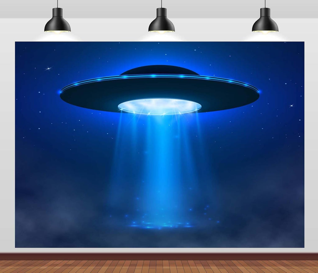 20x10ft UFO Backdrop Sci-Fi Alien Spaceship Background Glowing Flying Saucer Decor Outer Space Party Supplies Cosmic Theme Photo Booth Banner Science Fiction Celebration Decoration