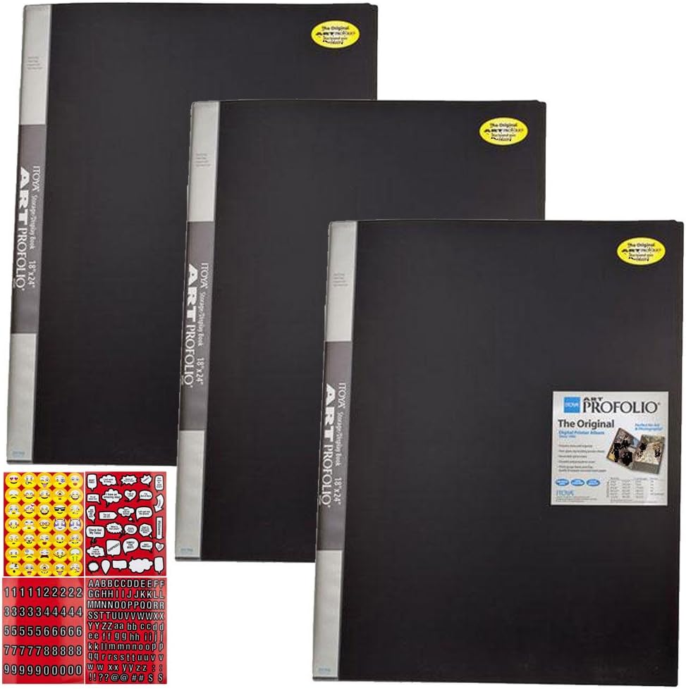 ITOYA 18 inch x 24 inch Original Art Profolio Presentation Book/Portfolio- for Art, Photography, and Documents - Pack of 3 + Scrapbooking Stickers 4 Pages of Emojis, Quotes, Letters, Numbers