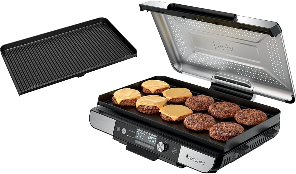 Ninja Sizzle Pro XL 20-Inch Indoor Griddle + Grill, Detachable Ventilated Lid, Grease Control, Ceramic Nonstick Plates, Even Edge-to-Edge Cooking, XL Capacity, Versatile, Silver GX101 (Renewed)