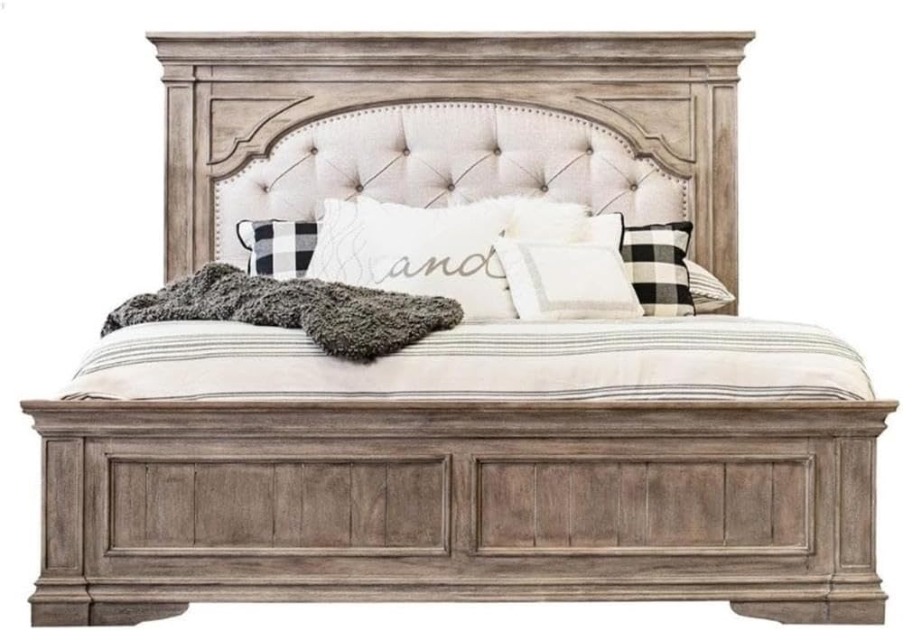 Steve Silver Company Highland Park 83.5' x 90' Farmhouse Wood & Fabric Upholstered Panel King Bed with Button Tufted Headboard, Low Vertical Planked Inset Footboard, in Driftwood Gray Finish