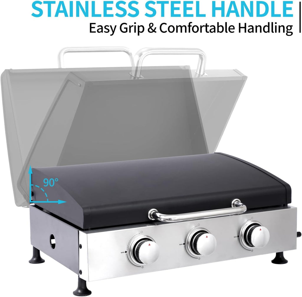 22' Flat Top Grill with Lid, 3 Burner Portable Gas Griddle for Outdoor, BBQ, Camping, Backyard & Tailgating Barbecue, 30,000 BTU Tabletop Propane Griddle 322 Sq. In.