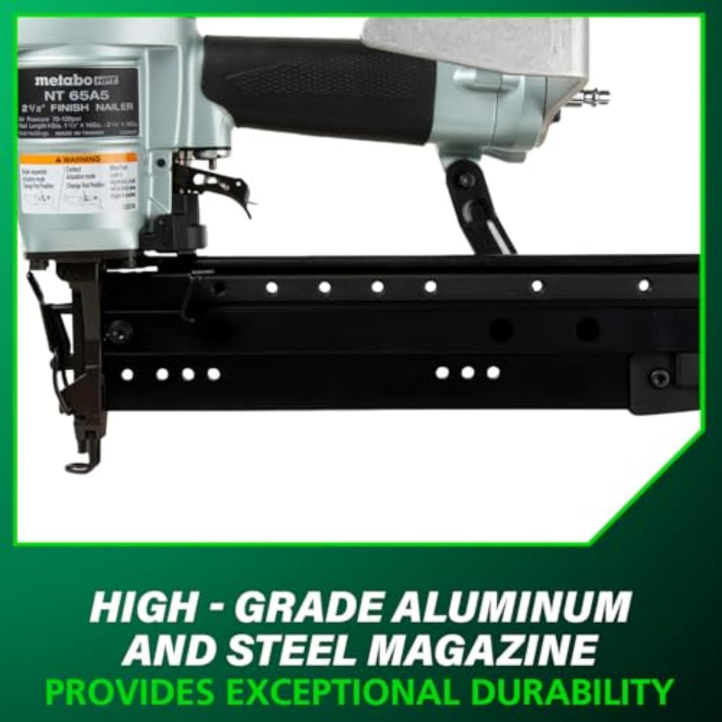 Metabo HPT Pro Finish Nailer, Pro-Preferred Pneumatic Power Nailers for Finish Applications, High Grade Aluminium Magazine, 16 Gauge, 1-1/2' to 2-1/2' Straight Nails, NT65A5