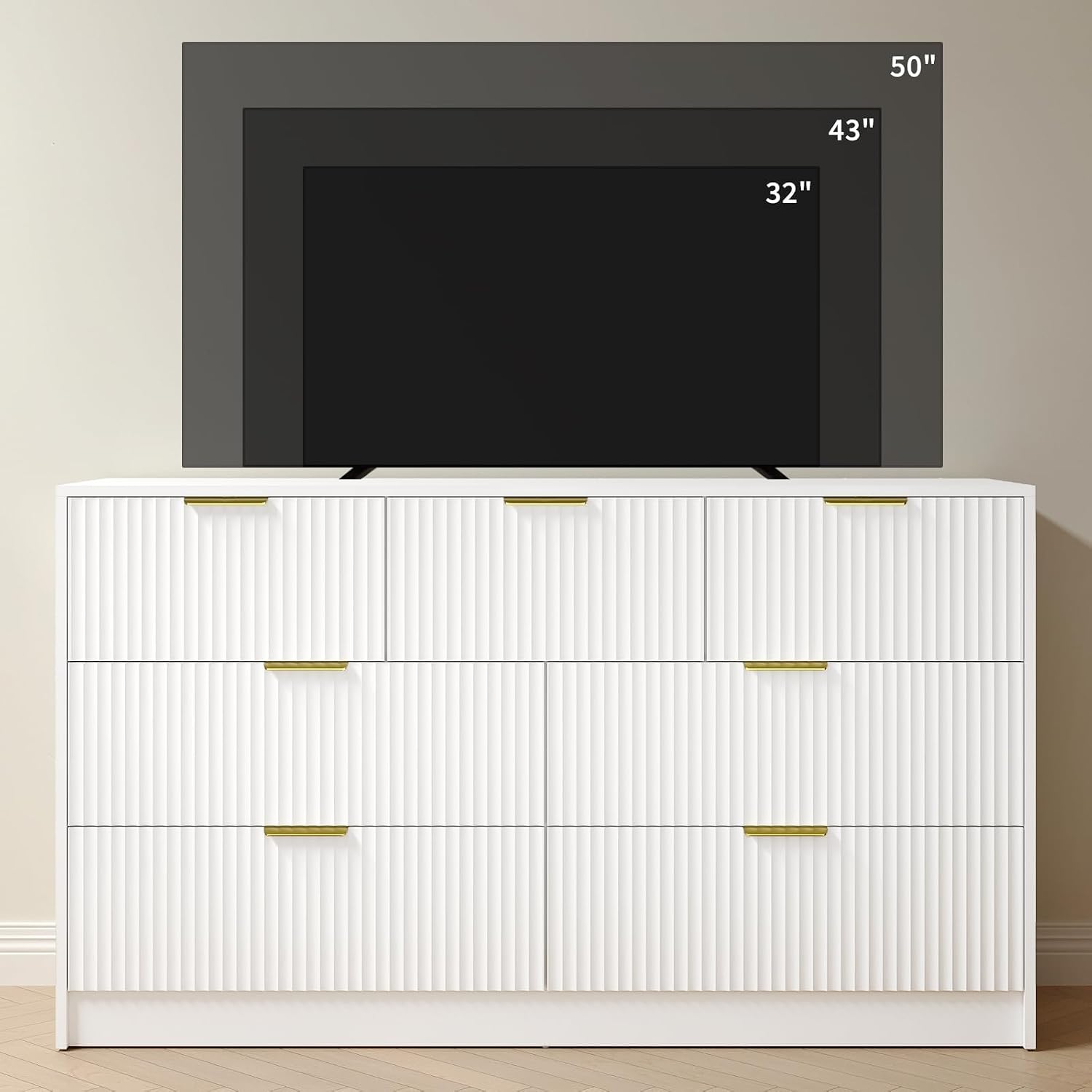 7 Drawer Dresser and Nightstand Sets, 3 Pcs Bedroom Set for Bedroom, Fluted Night Stand Set of 2 & 55' Wide Dresser w/Gold Handles, Modern Wood Chest of Drawers Storage Cabinet Set, White