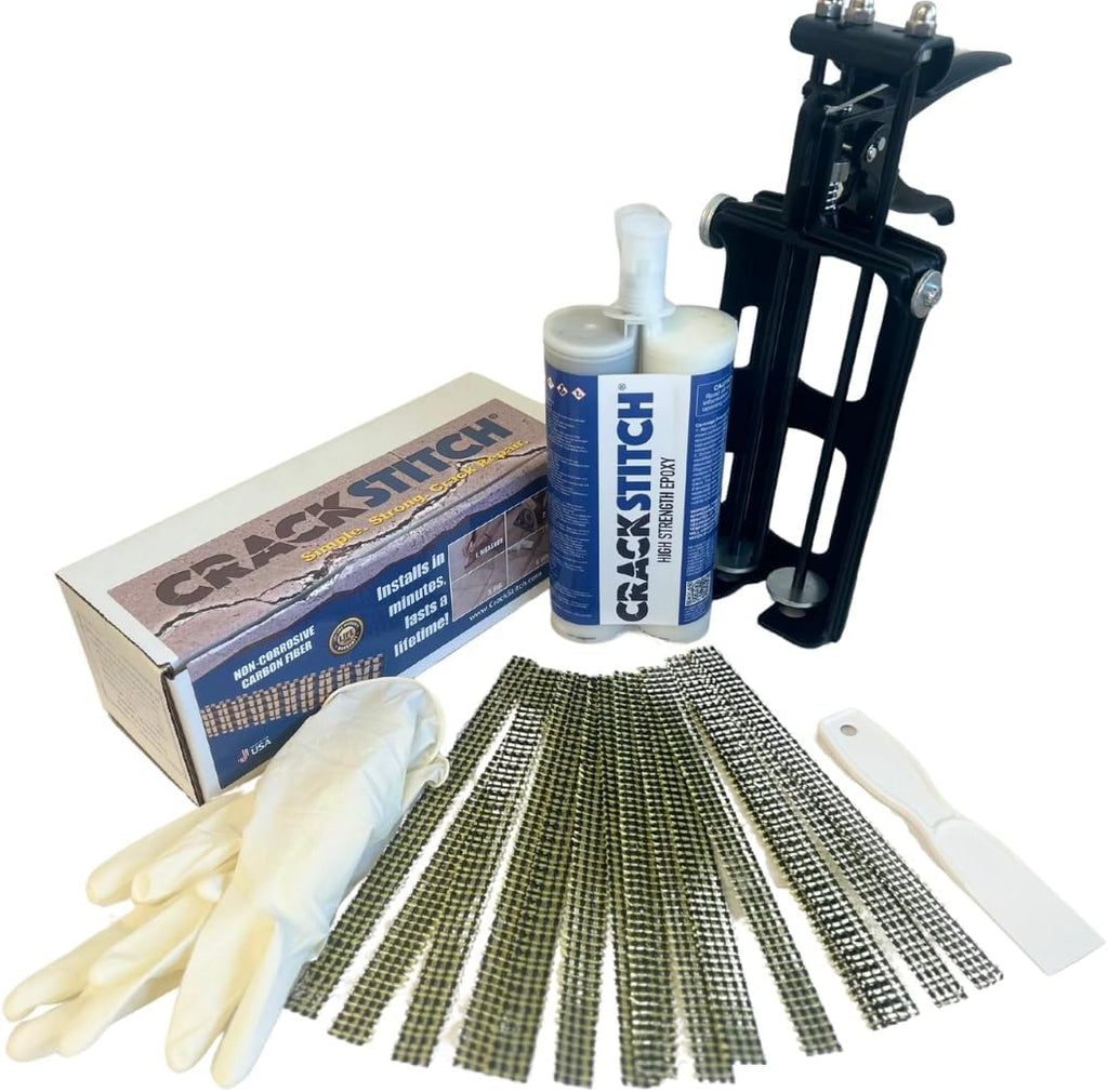 15pk Concrete Crack Repair Kit with Epoxy Dispenser | DIY Foundation Crack Repair | Basements, Garages, & Pools | Carbon Fiber & Kevlar Reinforcement