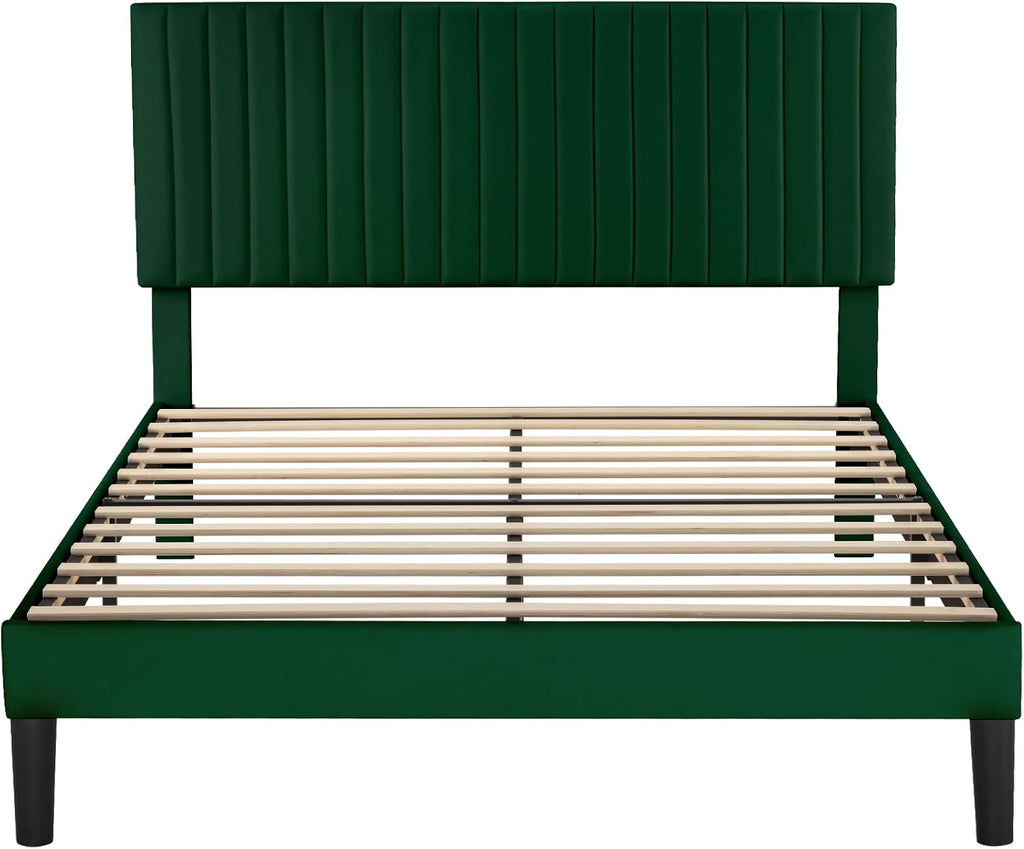 Allewie Queen Bed Frame, Velvet Upholstered Platform Bed with Adjustable Vertical Channel Tufted Headboard, Mattress Foundation with Strong Wooden Slats, Box Spring Optional, Easy Assembly, Green