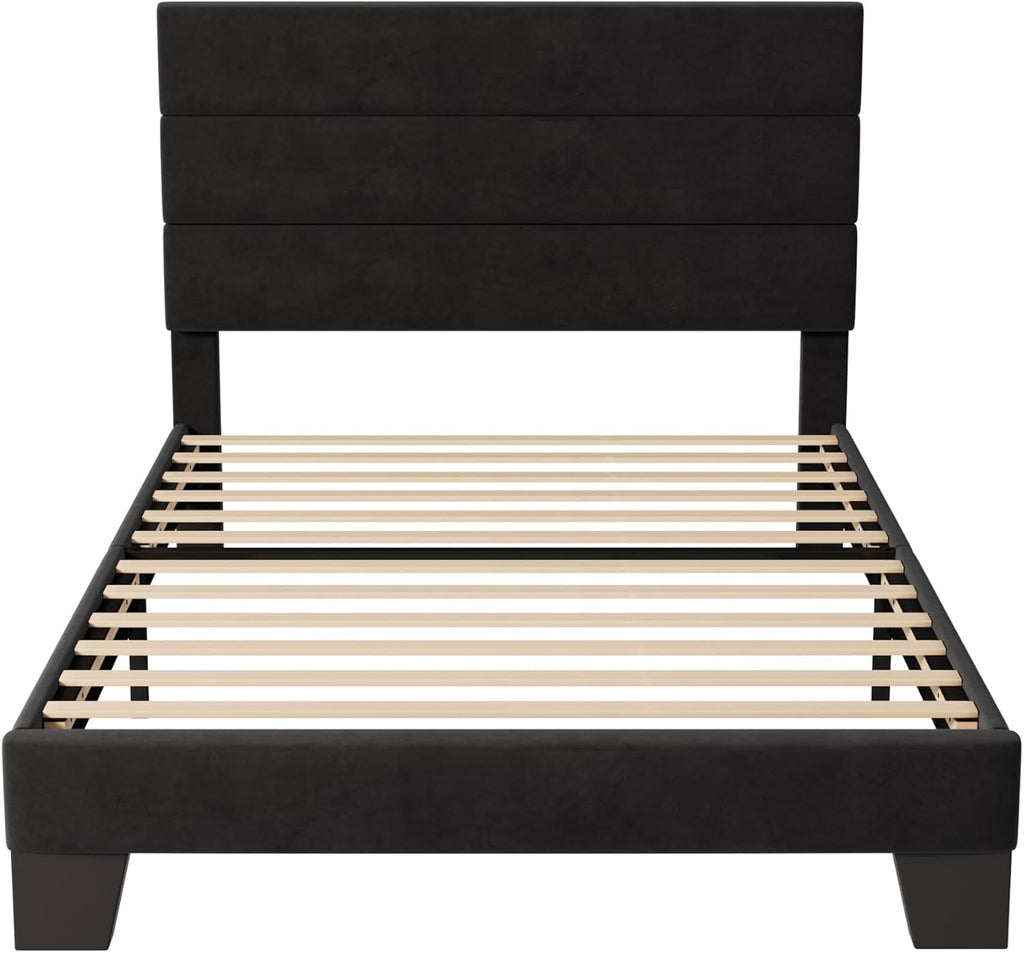 Allewie Twin Size Platform Bed Frame with Velvet Upholstered Headboard and Wooden Slats Support, Fully Upholstered Mattress Foundation/No Box Spring Needed/Easy Assembly, Black