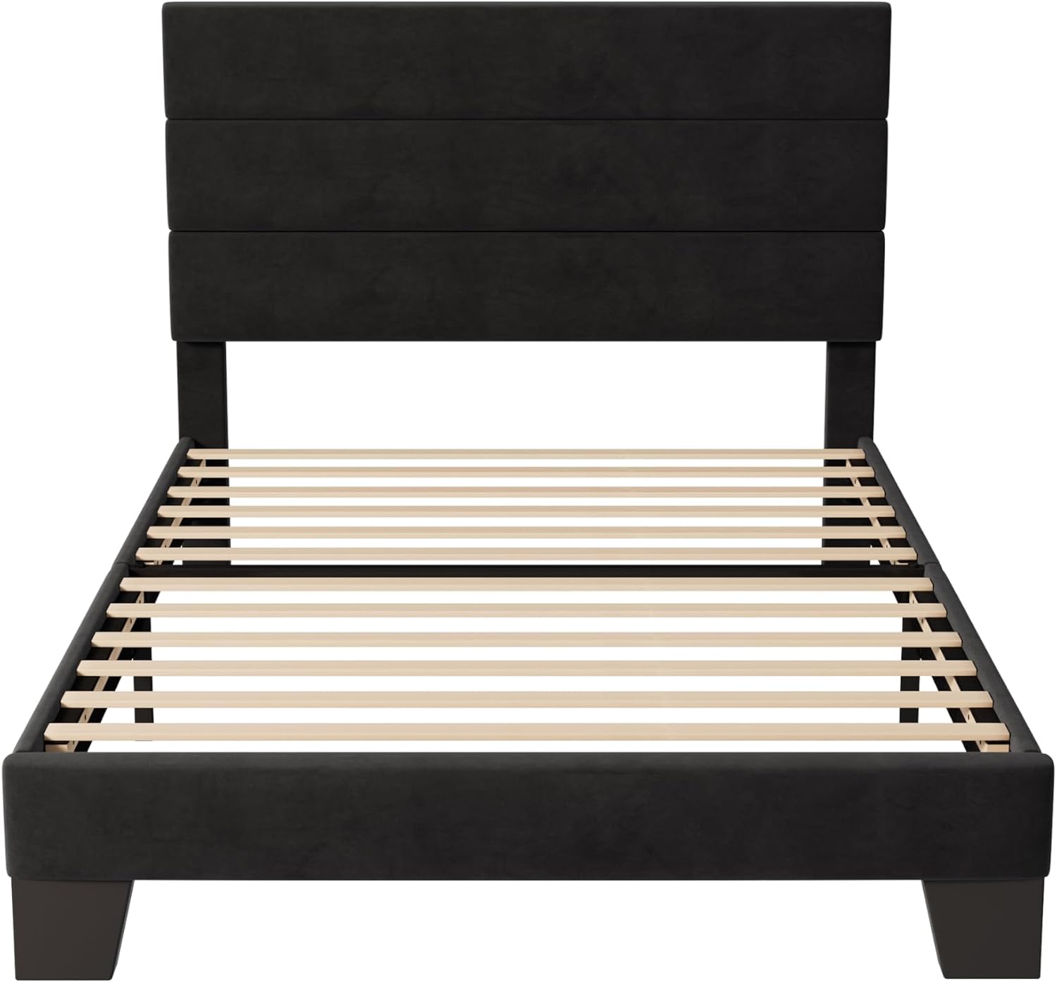 Allewie Twin Size Platform Bed Frame with Velvet Upholstered Headboard and Wooden Slats Support, Fully Upholstered Mattress Foundation/No Box Spring Needed/Easy Assembly, Black