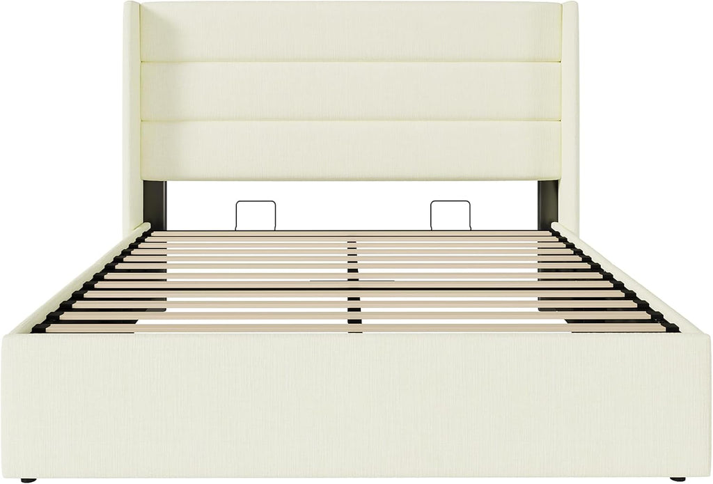 SHA CERLIN Queen Size Lift Up Storage Bed/Chenille Fabric Upholstered/Modern Wingback Headboard/Platform Bed Frame/Hydraulic Storage/No Box Spring Needed/Wood Slats Support/Cream
