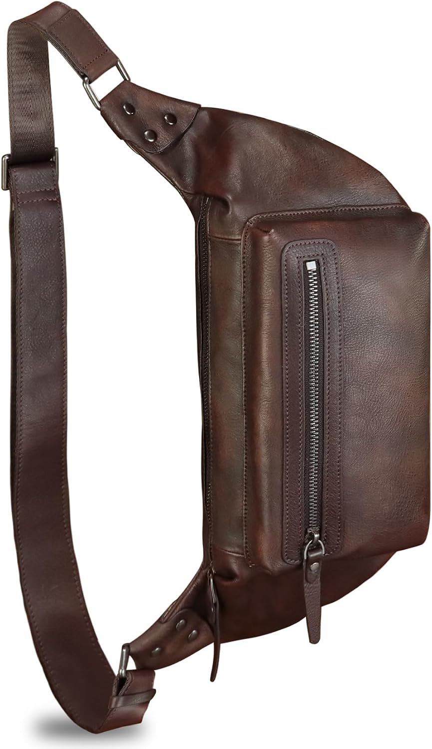 Genuine Leather Fanny Pack for Men and Women - Waist Hip Sling Crossbody Chest Purse (Coffee)
