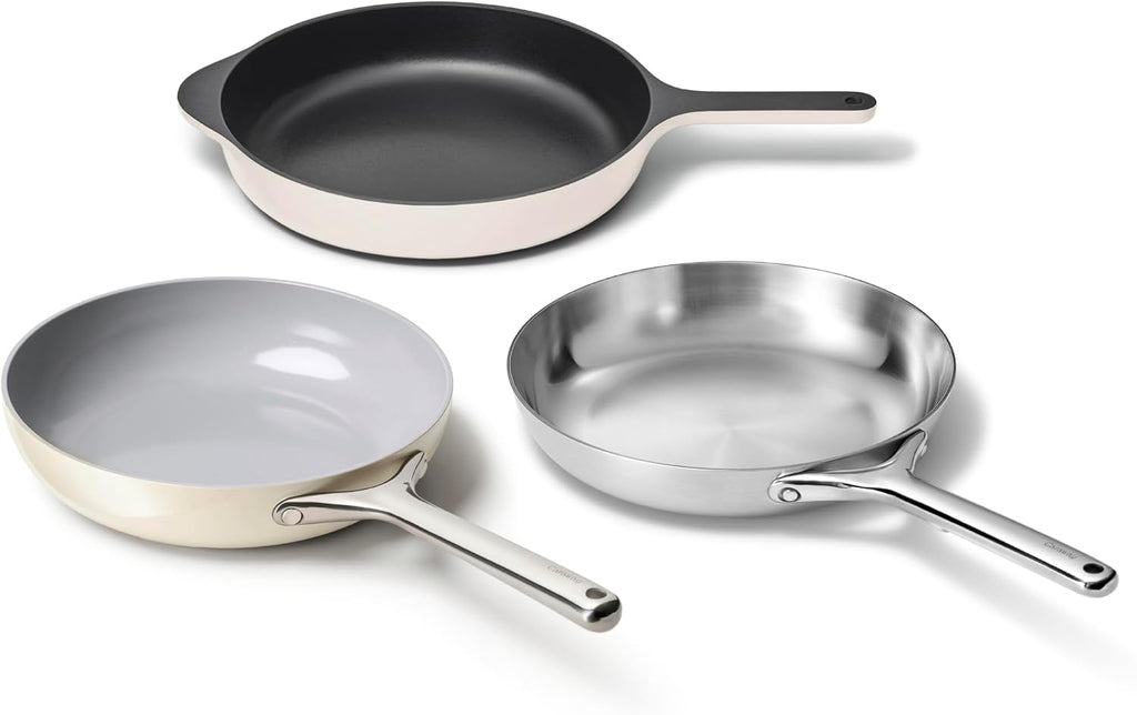 Caraway Fry Pan Sampler Bundle - 10.5' Non-Stick Ceramic Frying Pan, 10.5' Stainless Steel Fry Pan, 10.5' Enameled Cast Iron Skillet - Non Toxic, Oven Safe - Cream