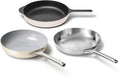 Caraway Fry Pan Sampler Bundle - 10.5' Non-Stick Ceramic Frying Pan, 10.5' Stainless Steel Fry Pan, 10.5' Enameled Cast Iron Skillet - Non Toxic, Oven Safe - Cream