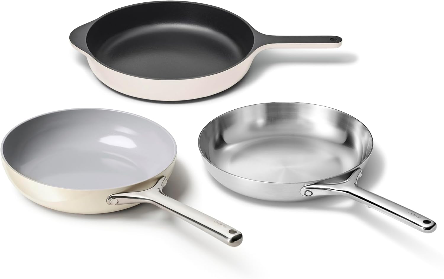 Caraway Fry Pan Sampler Bundle - 10.5' Non-Stick Ceramic Frying Pan, 10.5' Stainless Steel Fry Pan, 10.5' Enameled Cast Iron Skillet - Non Toxic, Oven Safe - Cream