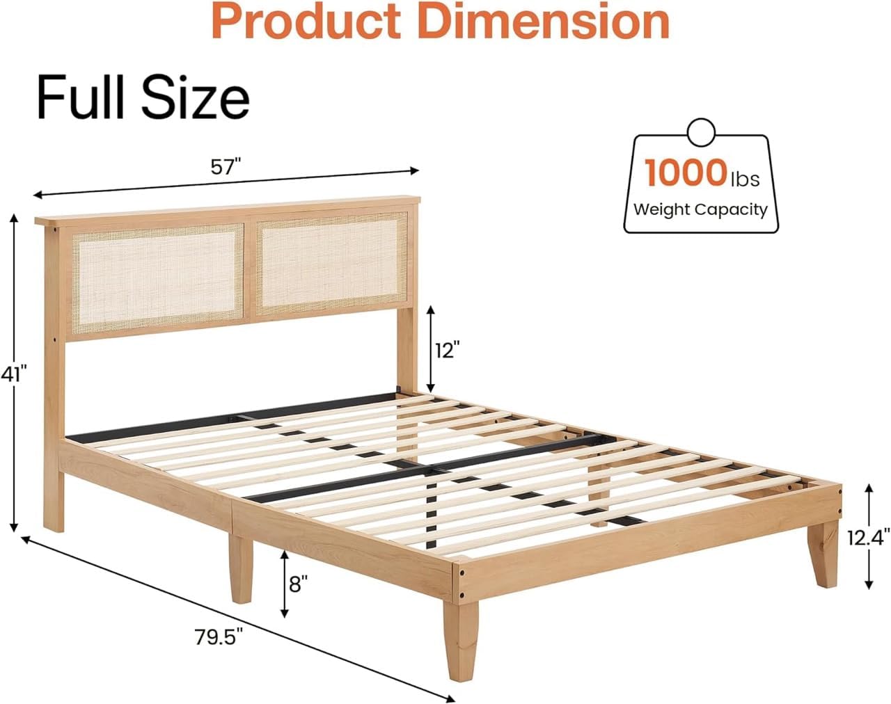coucheta Rattan Bed Frame Full with Natural Rattan Headboard,Bohemian Rattan Bed Frame with LED Lights,Solid Wood Foundation with Silent Slats,No Box Spring Needed (Full)