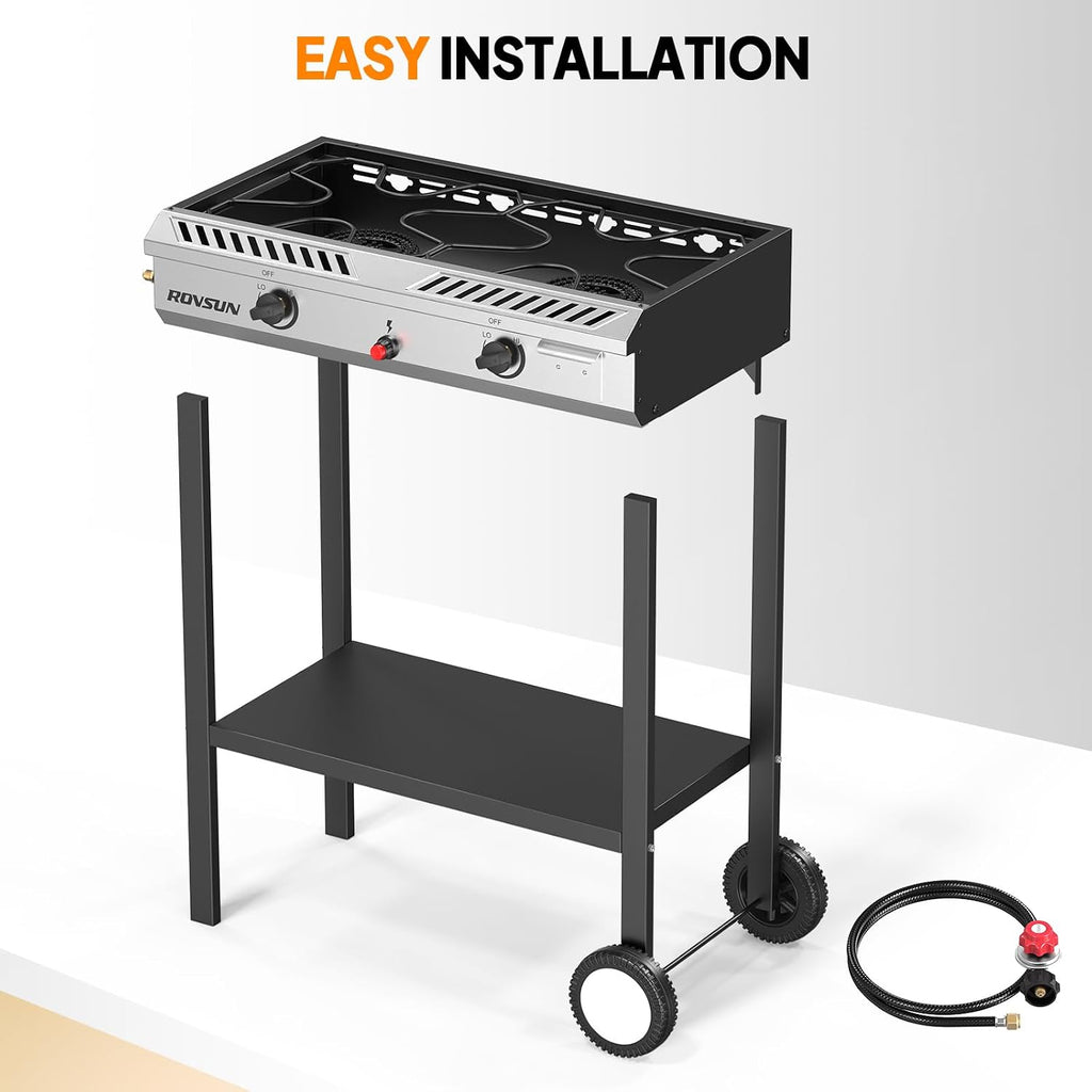 ROVSUN 2 Burner Propane Stove with Auto Ignition, 150,000 BTU Gas Stove with Storage Shelf, Rolling Wheels & Regulator for Home Outdoor Backyard Camping Cooking Frying Brewing Canning