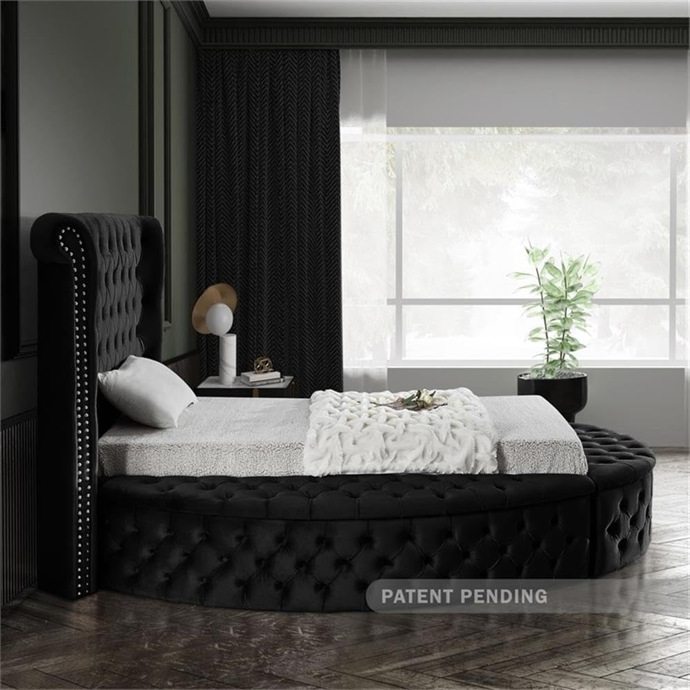 Meridian Furniture Luxus Collection Modern | Contemporary Round Shaped Velvet Upholstered Bed with Deep Button Tufting and Footboard Storage, Twin, Black