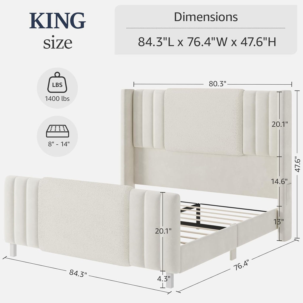 Lihimte King Size Bed Frame with Tall Headboard and Footboard, Boucle and Velvet Upholstered Bed Frame King with LED Lights, Modern Platform Bed Frames, Noiseless, Easy Assembly, White