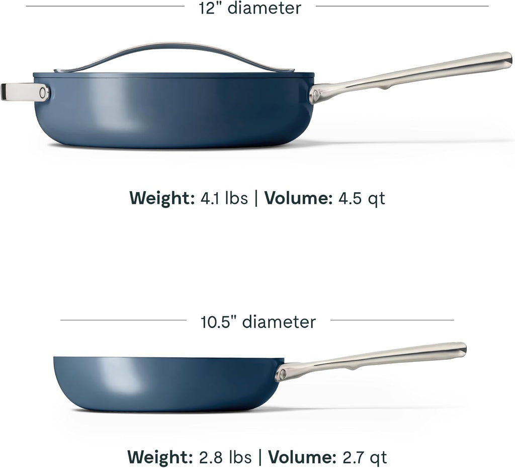 Caraway Fry Pan and Sauté Pan Duo - 10.5' Ceramic Frying Pan and 11.8' Deep Sauté Pan with Lid - Non Stick, Non Toxic, Oven Safe - Navy