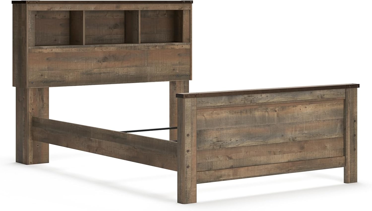 Signature Design by Ashley Trinell Country Rustic Bookcase Panel Bed with Nailhead Accents, Foundation or Box Spring Needed, Full, Dark Brown