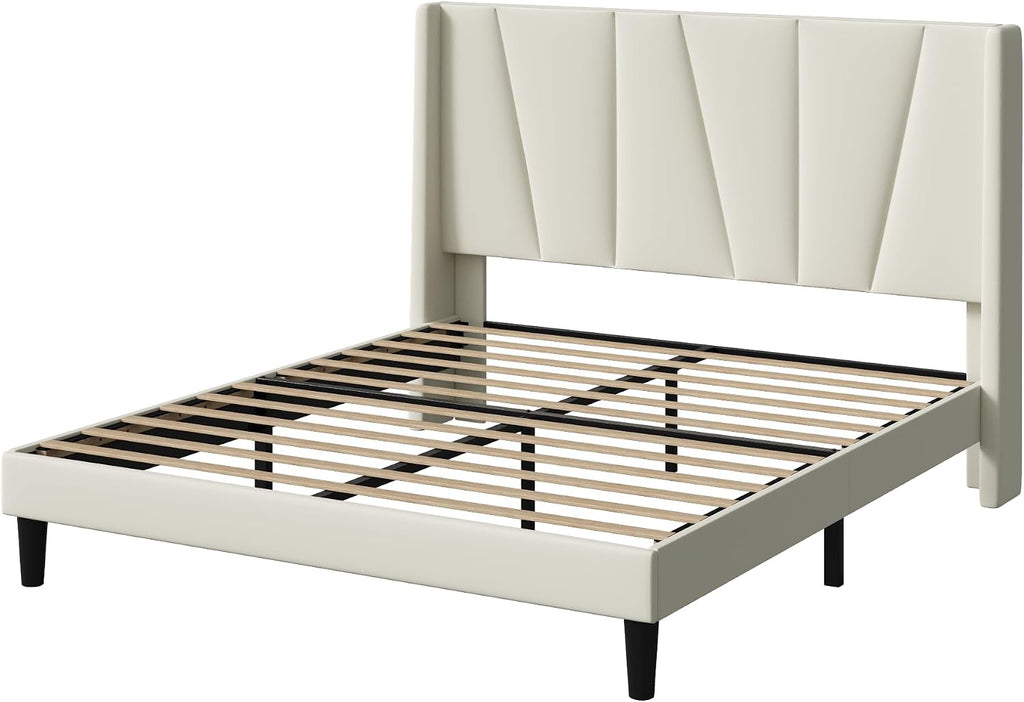 Allewie Queen Size Platform Velvet Bed Frame with Geometric Wingback Headboard, Boho Upholstered Bed with Wooden Slats Support, No Box Spring Needed, Easy Assembly, Cream