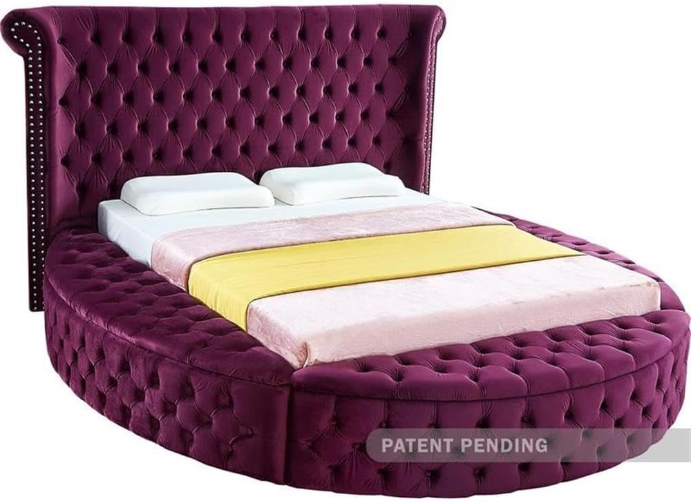 Meridian Furniture LuxusPurple-F Luxus Collection Modern | Contemporary Round Shaped Velvet Upholstered Bed with Deep Button Tufting and Footboard Storage, 87' W x 93.5' D x 56' H, Purple, Full