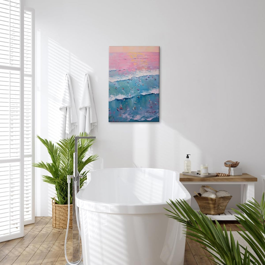 Vintage Surf Painting Tiny People Surfing Poster Abstract Ocean Wave Wall Art Pink and Blue Coastal Canvas Print Trendy Preppy Aesthetic Room Cubicle Beach House Home Decor 24x36inch frame
