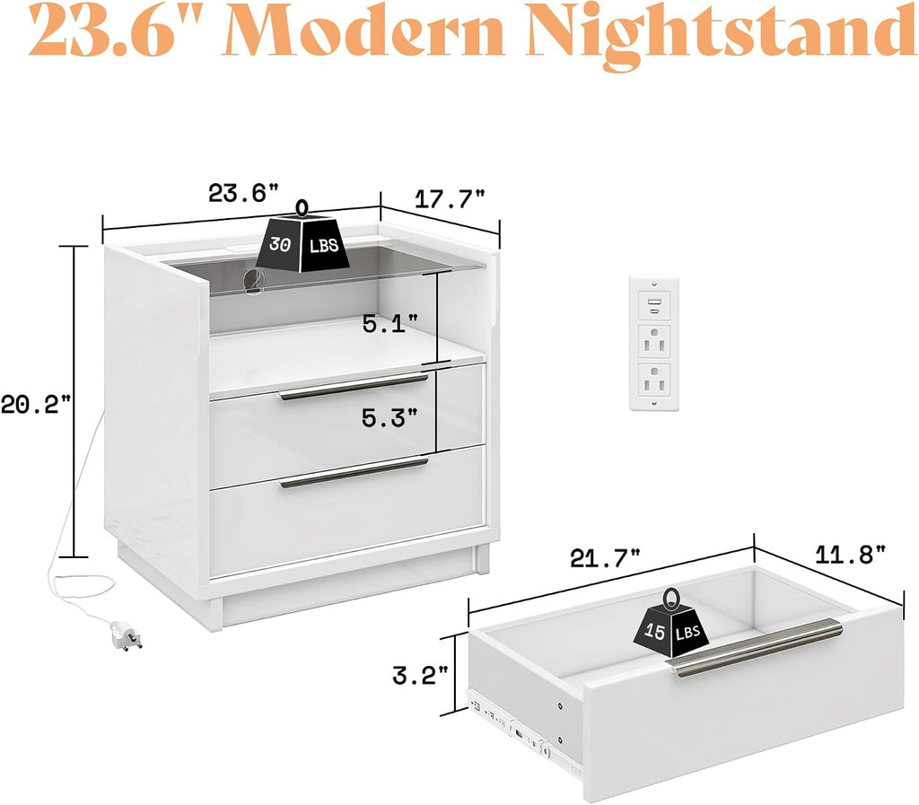 AMERLIFE High Gloss Dresser Set, 3 Piece Bedroom Furniture Set, 8 Drawer Dresser with LED Light & 2 Nightstands with Charging Station, Modern UV Finish, Bedroom Storage Organizer, White