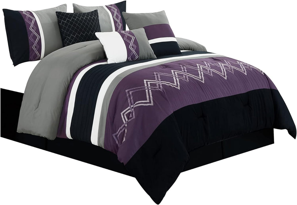 Chezmoi Collection Arden 7-Piece Modern Pleated Stripe Embroidered Zigzag Bedding Comforter Set (Oversized King, Purple/Black/Gray/White)