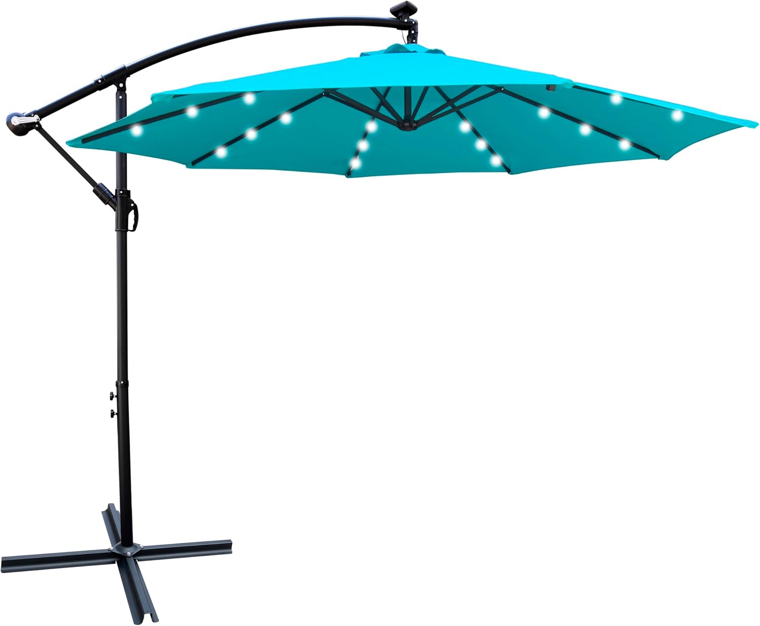 10ft 8 Ribs Outdoor Patio Umbrella with 24 LED Lights, Solar Powered Lighted Sun Shade Market Umbrella with Crank and Cross Base, for Garden Deck Backyard Pool Deck Swimming Pool