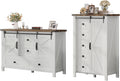 AMERLIFE 2PCS Farmhouse Dresser Set with Sliding Barn Doors, 47' Wide 4-Drawer Dresser & 5-Drawer Tall Chest of Drawers, Bedroom Storage Organizer, Distressed White