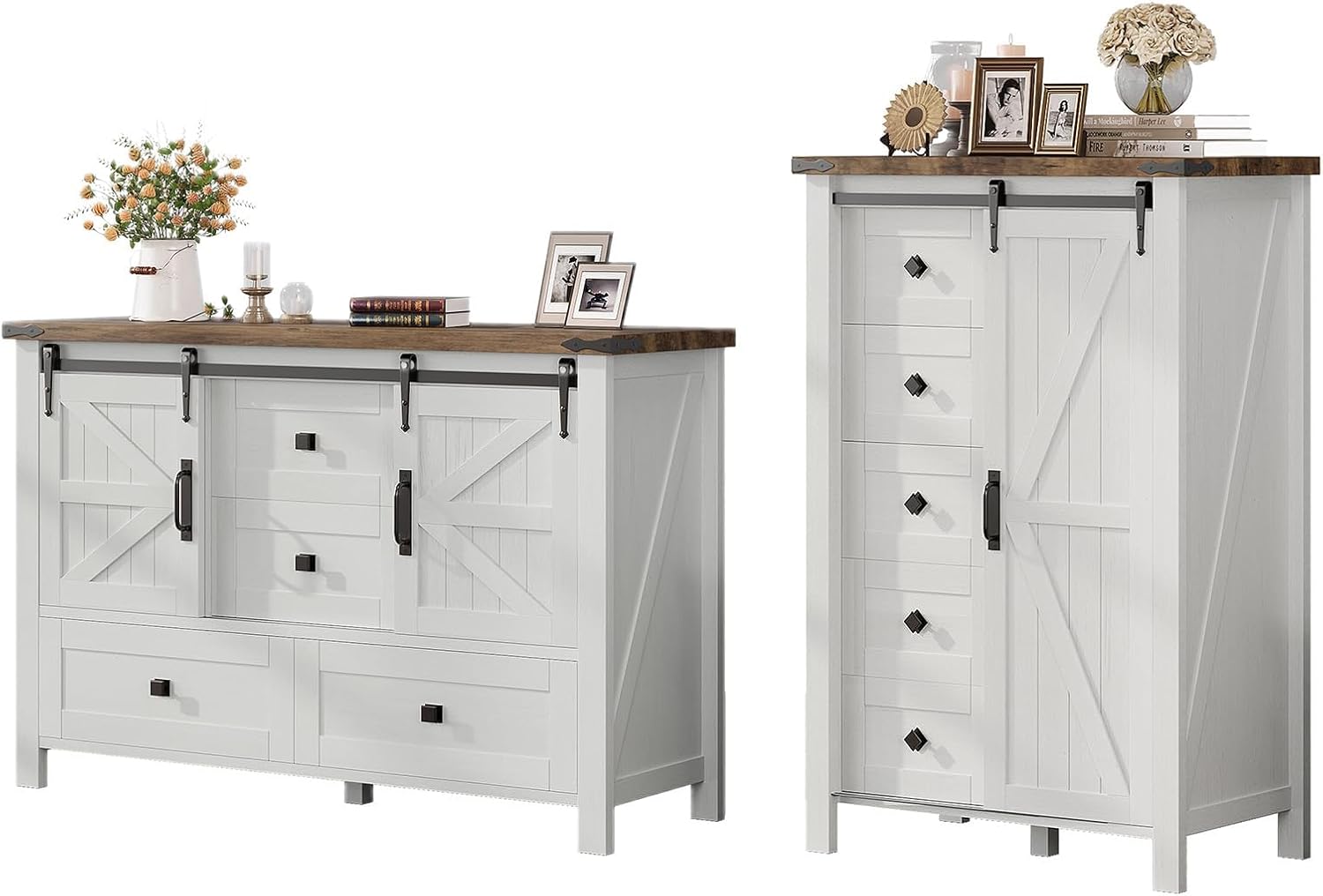 AMERLIFE 2PCS Farmhouse Dresser Set with Sliding Barn Doors, 47' Wide 4-Drawer Dresser & 5-Drawer Tall Chest of Drawers, Bedroom Storage Organizer, Distressed White