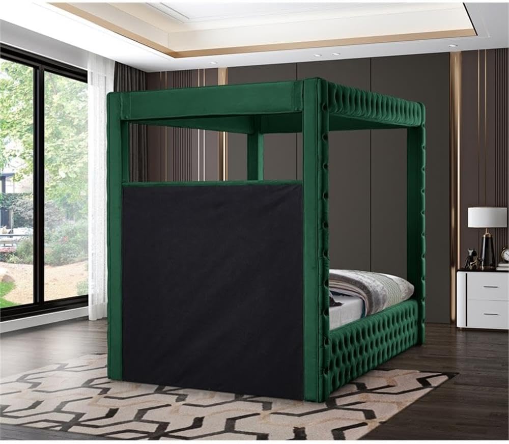 Meridian Furniture RoyalGreen-Q Royal Collection Modern | Contemporary Velvet Upholstered Queen Bed with Soft Green Velvet, Deep Elegant Tufting, Canopy, 70.5' W x 89' D x 87' H, Green, Queen