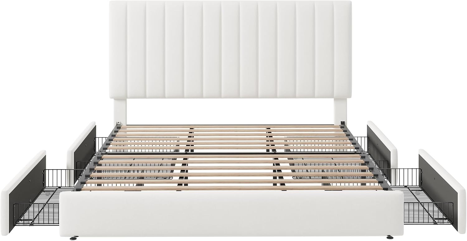 Allewie King Size Storage Bed Frame, Vertical Channel Tufted Adjustable Headboard, Velvet Upholstered Platform Bed with 4 Oversized Underbed Drawers, Wooden Slats Support, No Box Spring Needed, White