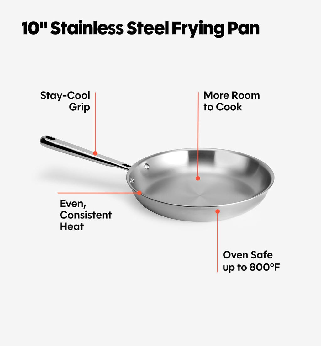Misen 5-Ply Stainless Steel 10' Frying Pan - Professional Cookware for Induction, Gas and Electric - Dishwasher Safe, Oven Safe to 800°F - Durable, Versatile, Even Heating