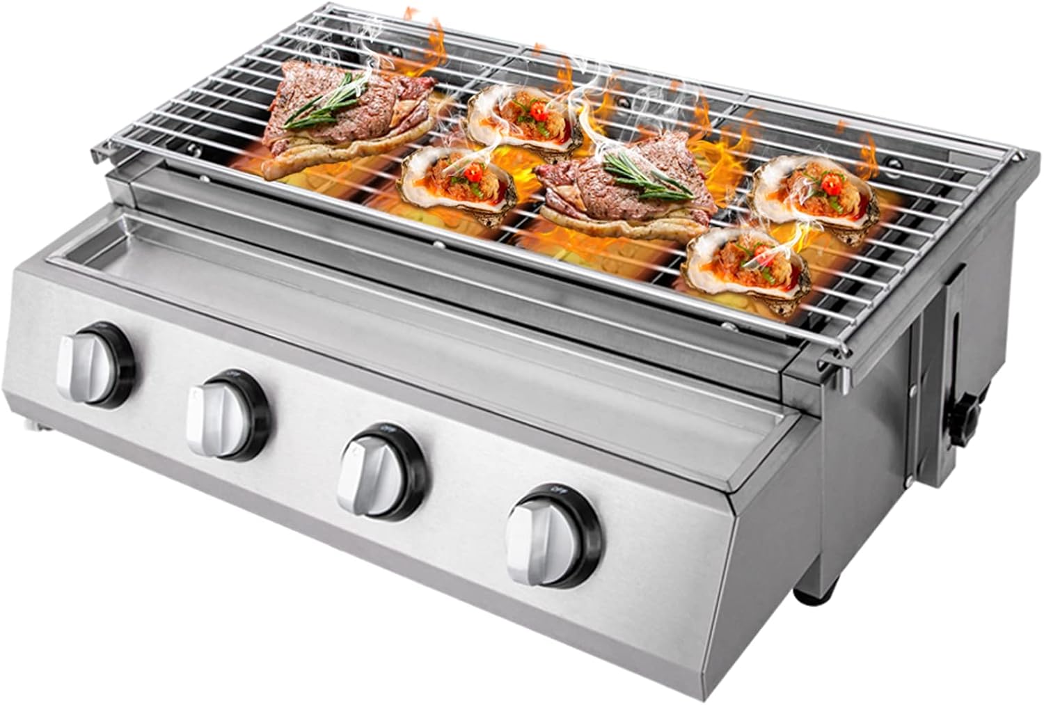 Commercial Gas Grill Smokeless Barbecue Grill, 4-Burner Outdoor & Indoor Barbecue Griddle, Portable Nonstick LPG Gas Yakitori Grill with Removable Grill Net for Restaurant, Picnic, Party