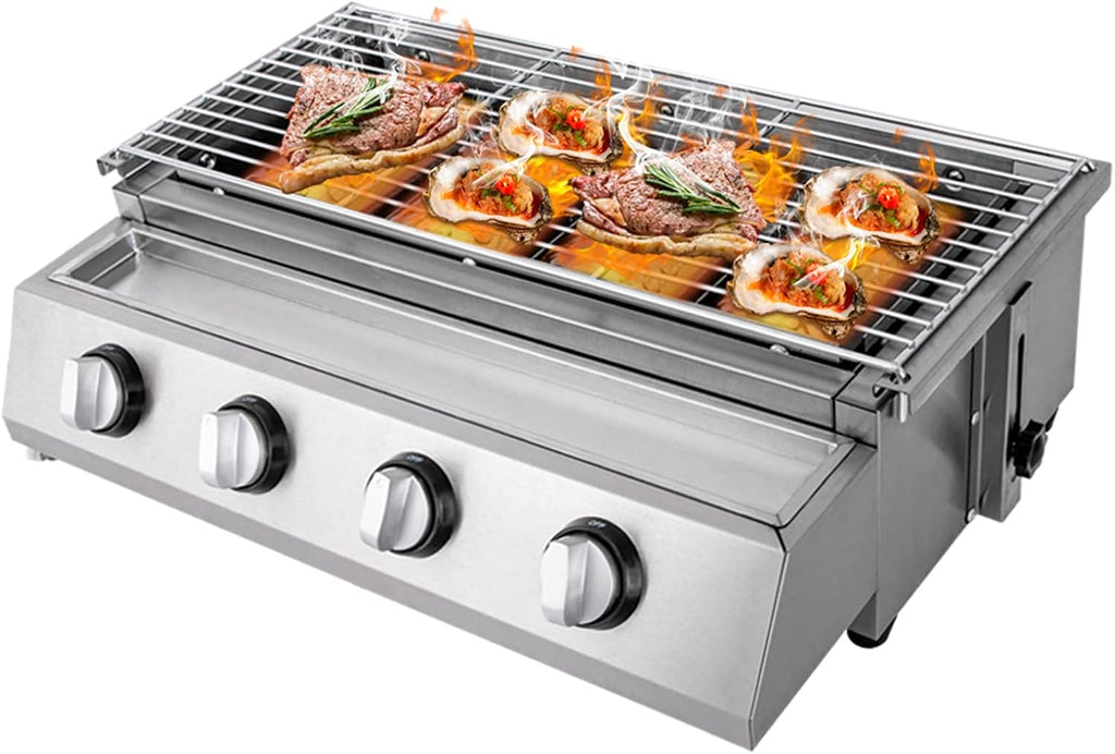 22'' Tabletop Grill Commercial LPG Gas BBQ Grill w/ 4 Burners Portable Gas Barbecues Griddle w/ 4 Independent Switches Gas Grill Griddle for Parties, Backyard barbecue, Camping or Picnicking
